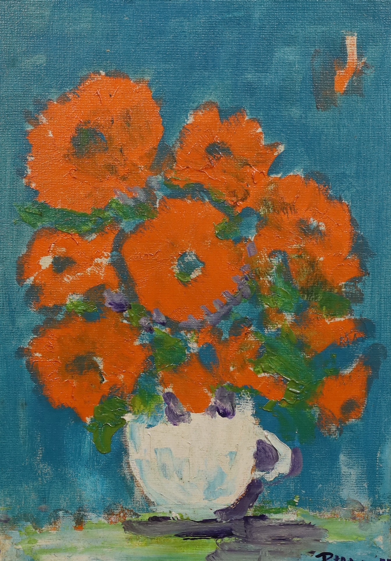James Lawrence Isherwood (British, 1917- 1989), 'Marigolds', oil on board, 34 x 24cm